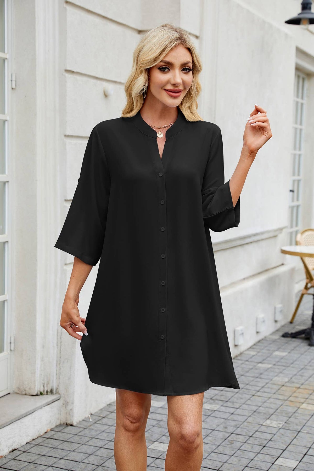 Solid Color Mid-Sleeve Button-Down Shirt Dress