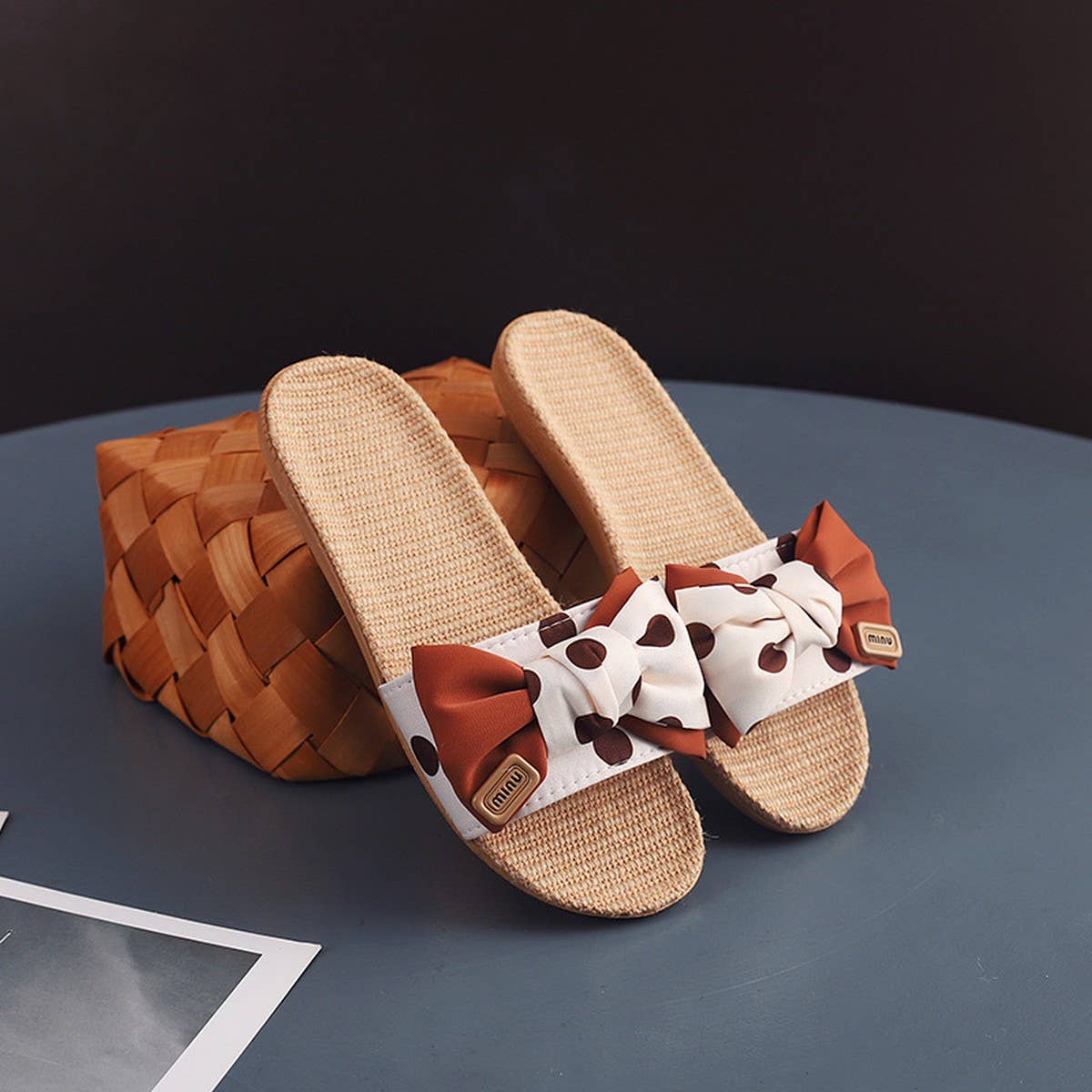 POLKA DOT LINEN BOW SLIPPERS SOFT SOLE NON SLIP_CWSHF0185