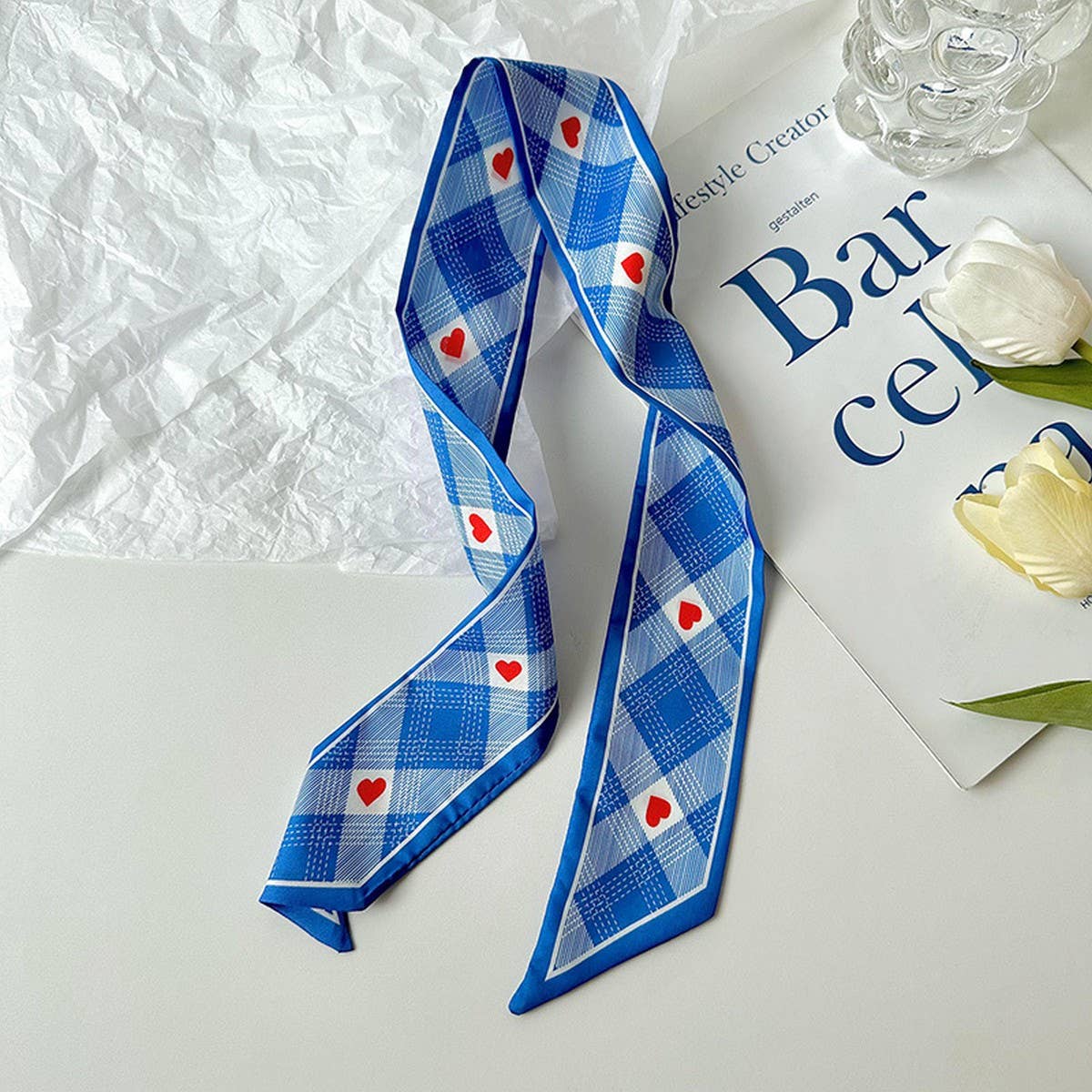 BOW TIED HAIR BLUE SILK SCARF_CWASC0731