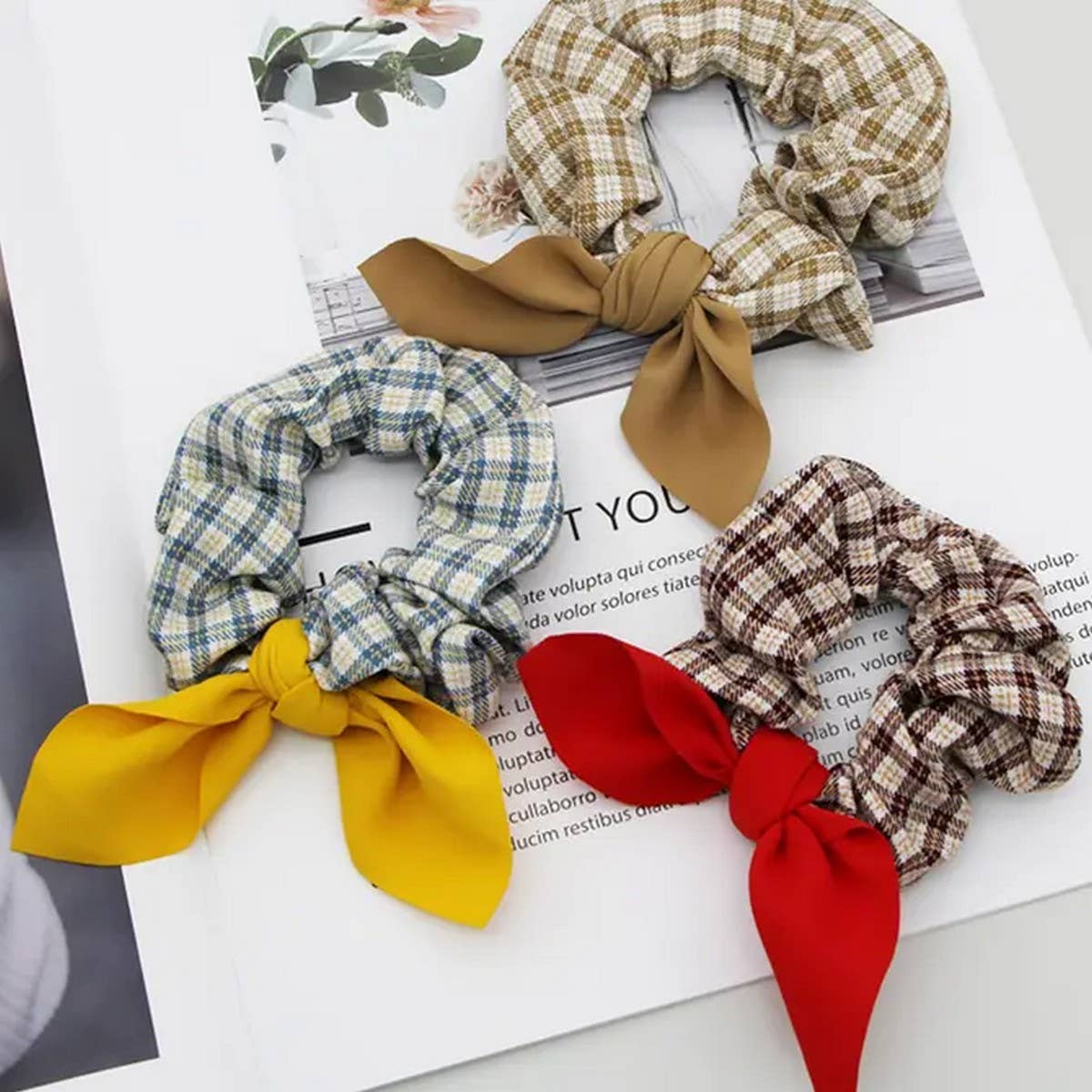 5PCS GINGHAM CLOTH BOW TIED SCRUNCHIE_CWAHA0178