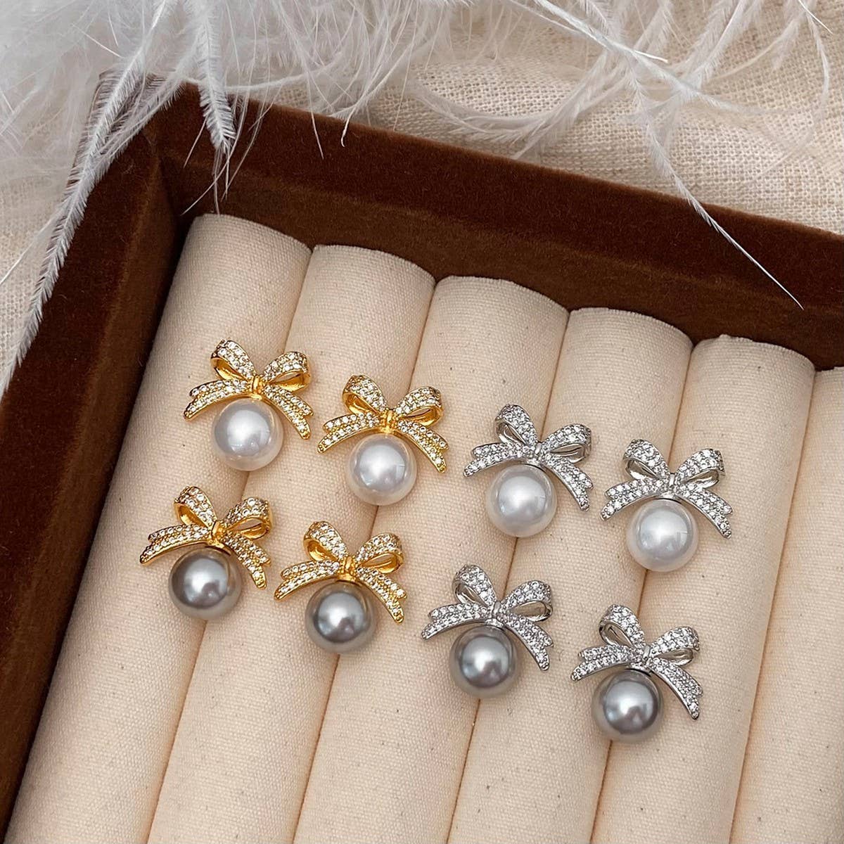 Womens Vintage Full Diamond Bow Pearl Earrings