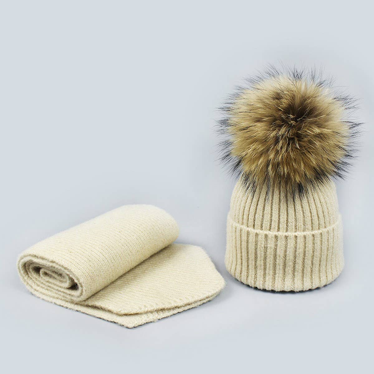 Knit Hat & Scarf Set With Pom Ball_Cwah05028