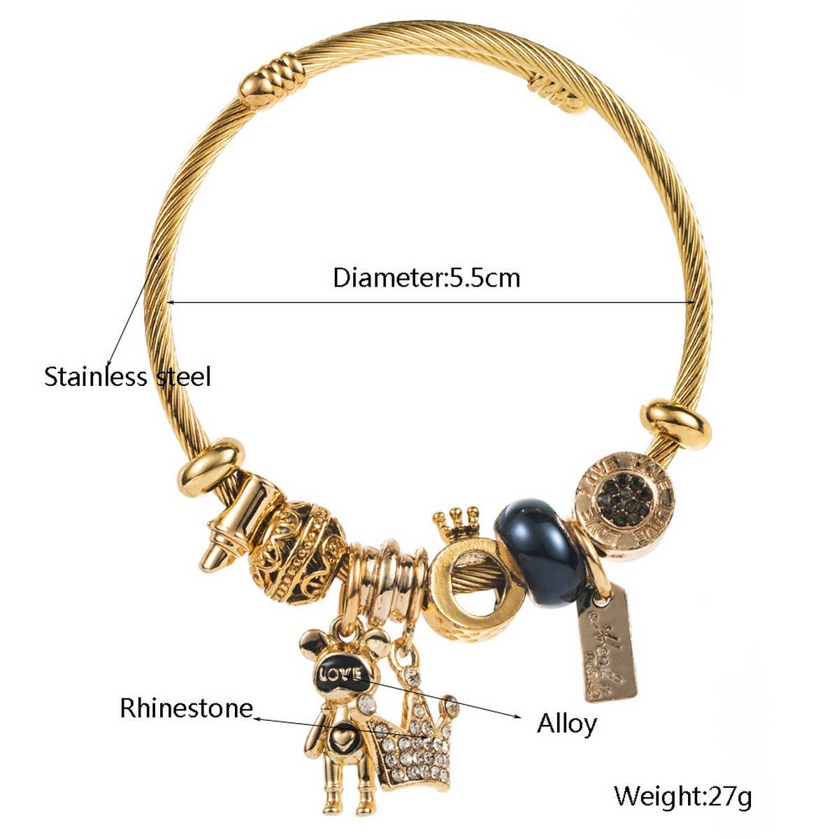 Trendy Beaded Steel Bracelet With Bear Crown_Cwmm8616