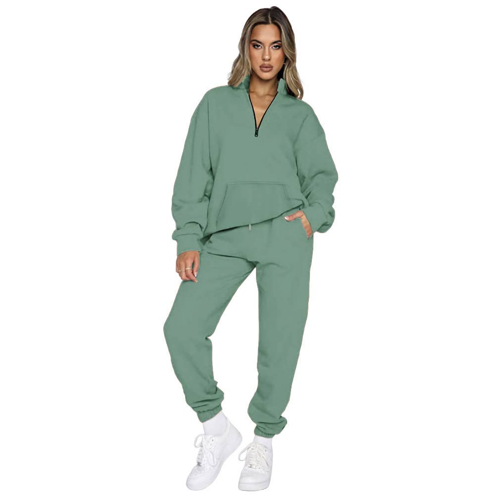 Solid-Color Zipper Sweatshirt And Sweatpants Set