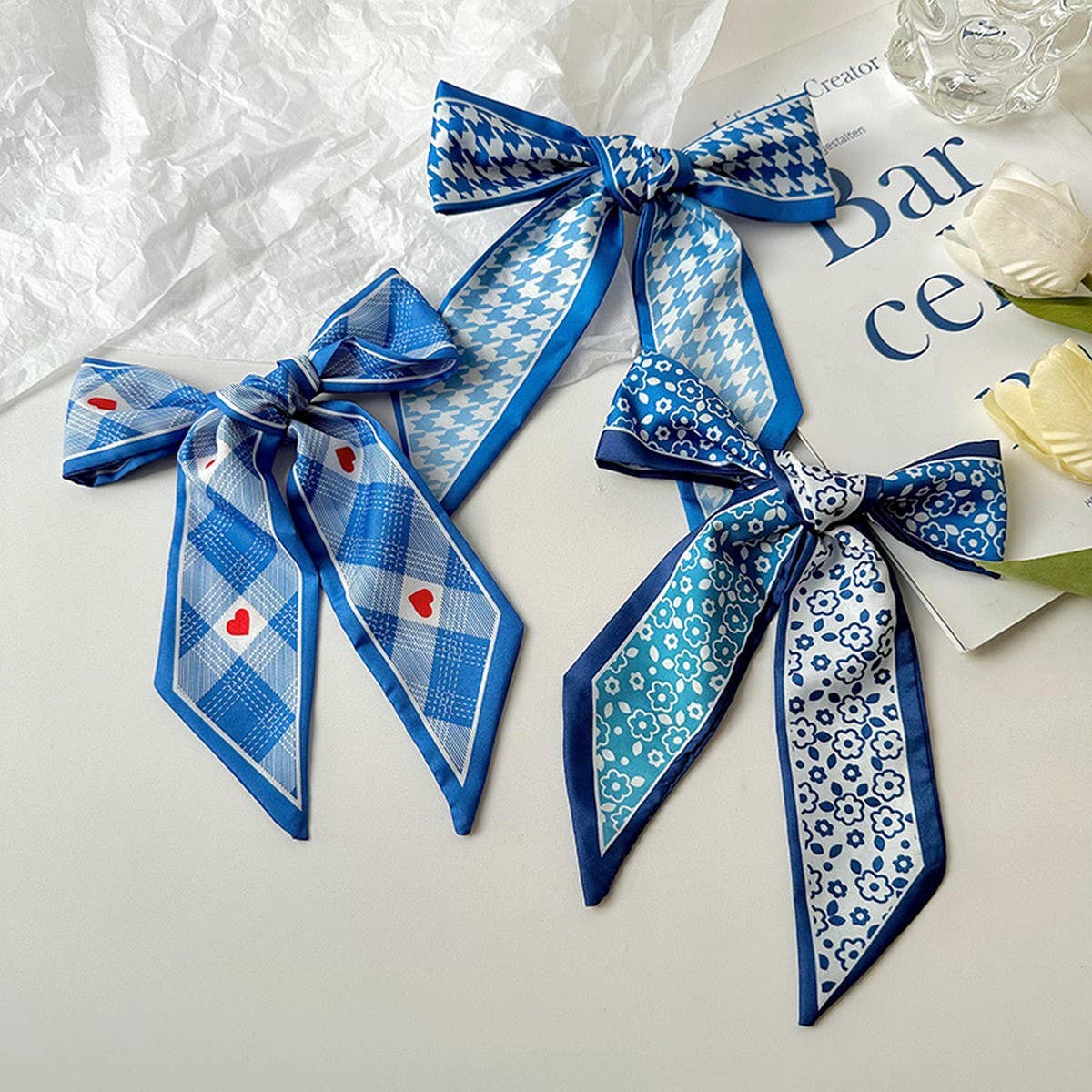 BOW TIED HAIR BLUE SILK SCARF_CWASC0731