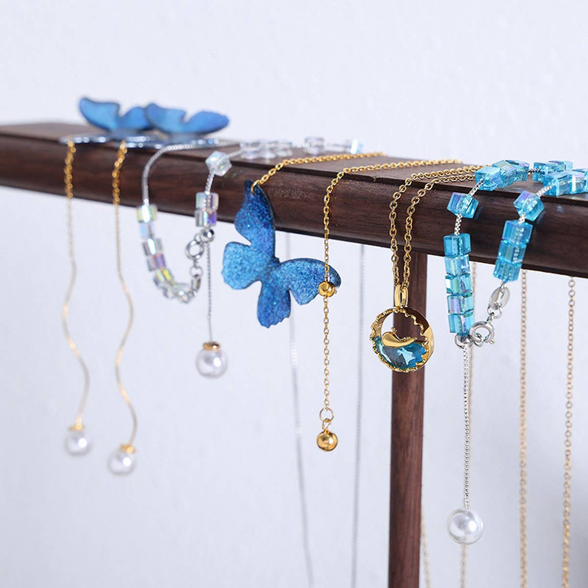 BLUE BUTTERFLY TITANIUM STEEL NECKLACE EARRINGS_CWAJE1085