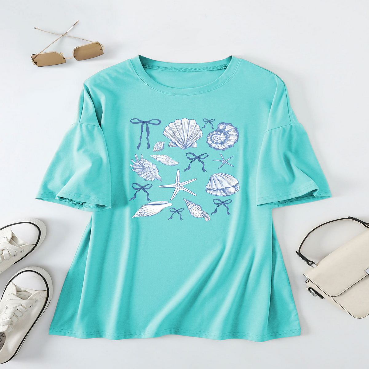 CUTE BOW PRINT T SHIRT FOR WOMEN SHELL NECKLINE_CWTTS1465