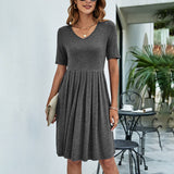 Solid Color V-Neck Short-Sleeved Pleated Dress
