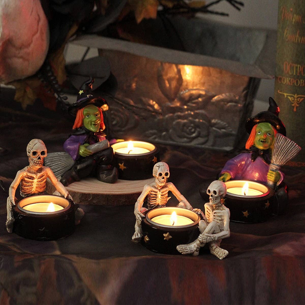 HALLOWEEN WITCH SKULL CANDLE HOLDER DECOR_CWMM9877