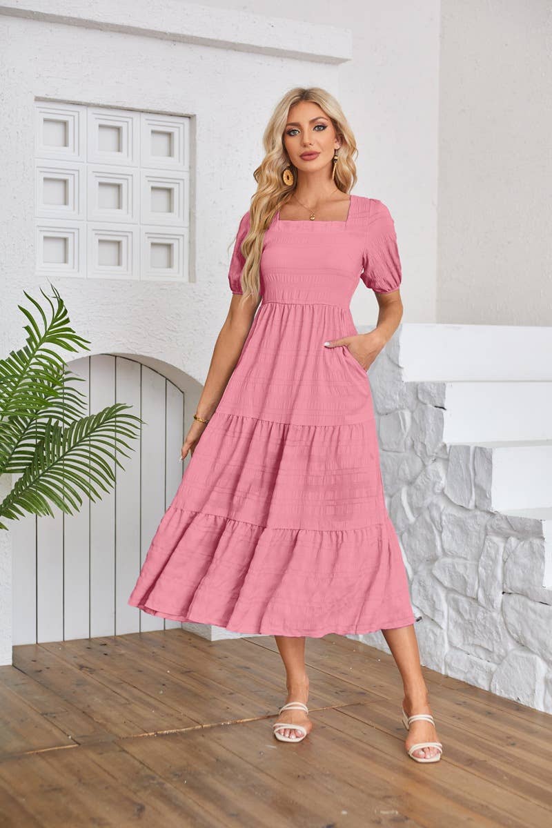 Square Neck Pleated Short-Sleeved Dress