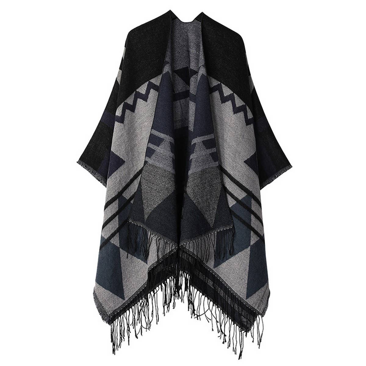 FRINGED GEOMETRIC PATTERN SHAWL SLIT CAPE SCARF_CWASC2213