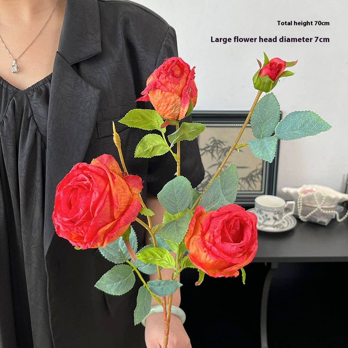 SINGLE STEM 4 HEAD COUNTRY STYLE BURNT EDGE ROSES_CWMM6473