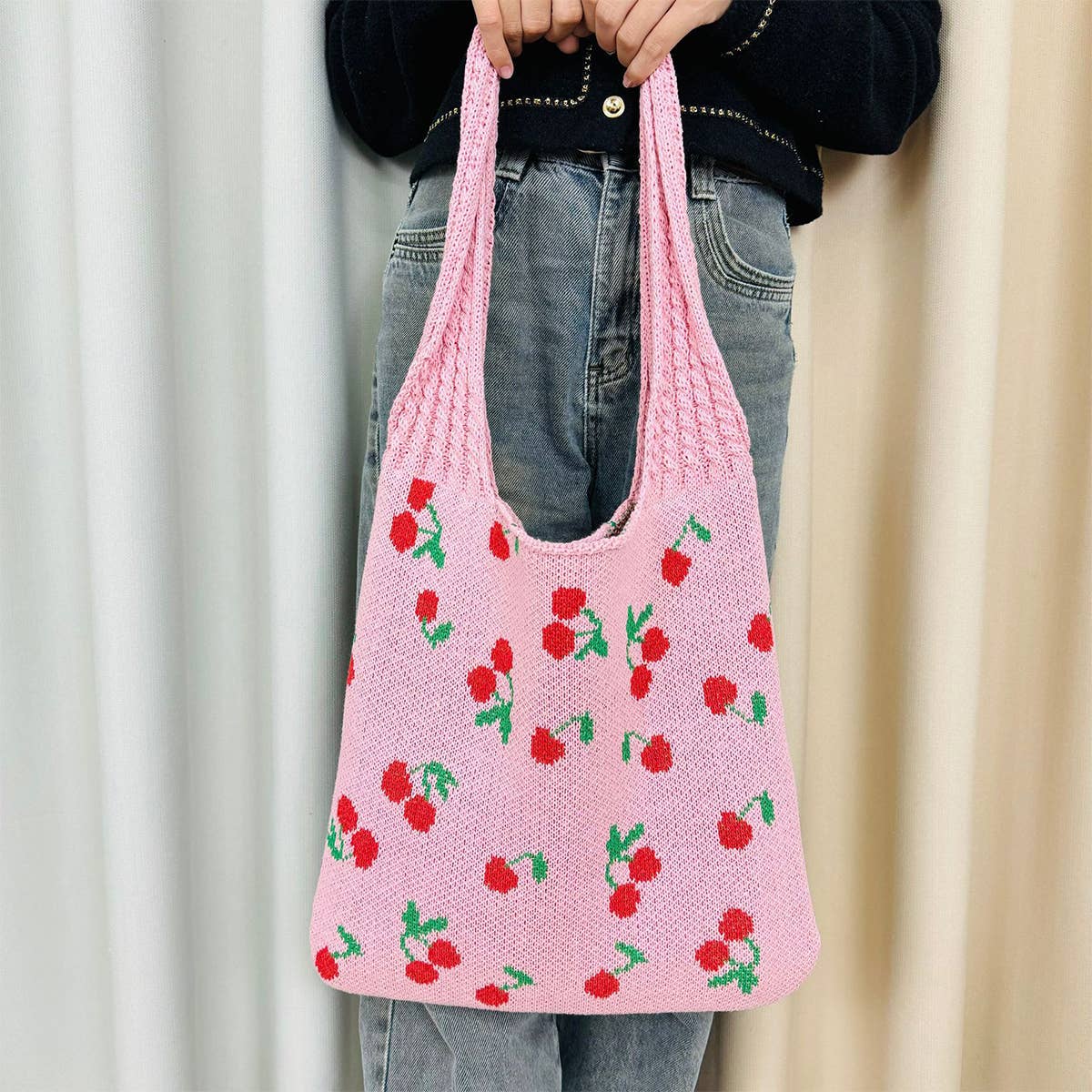 Cwab5062_Large Capacity Knitted Bow Woven Tote Bag