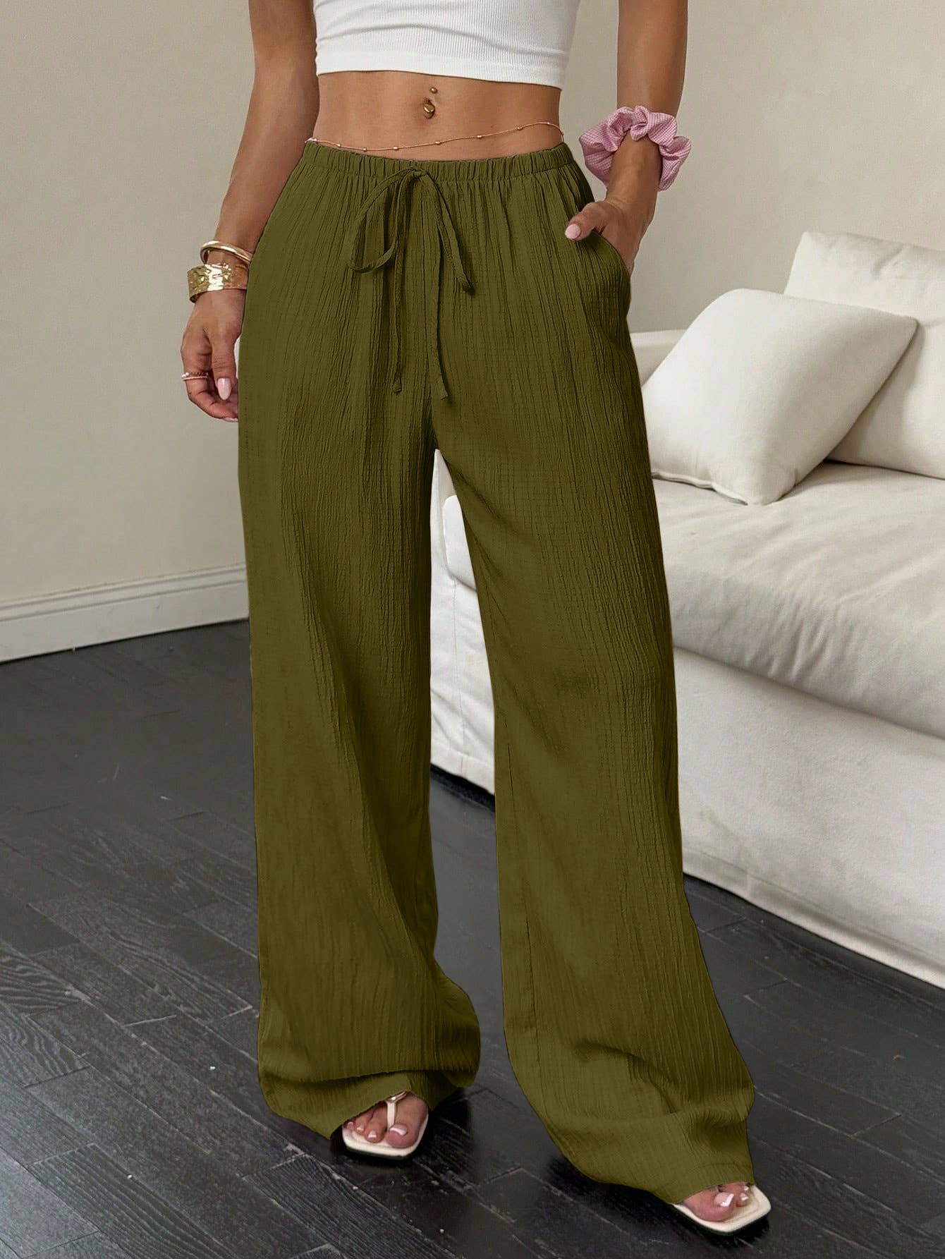 Solid-Color Textured Drawstring Wide-Leg Pants
