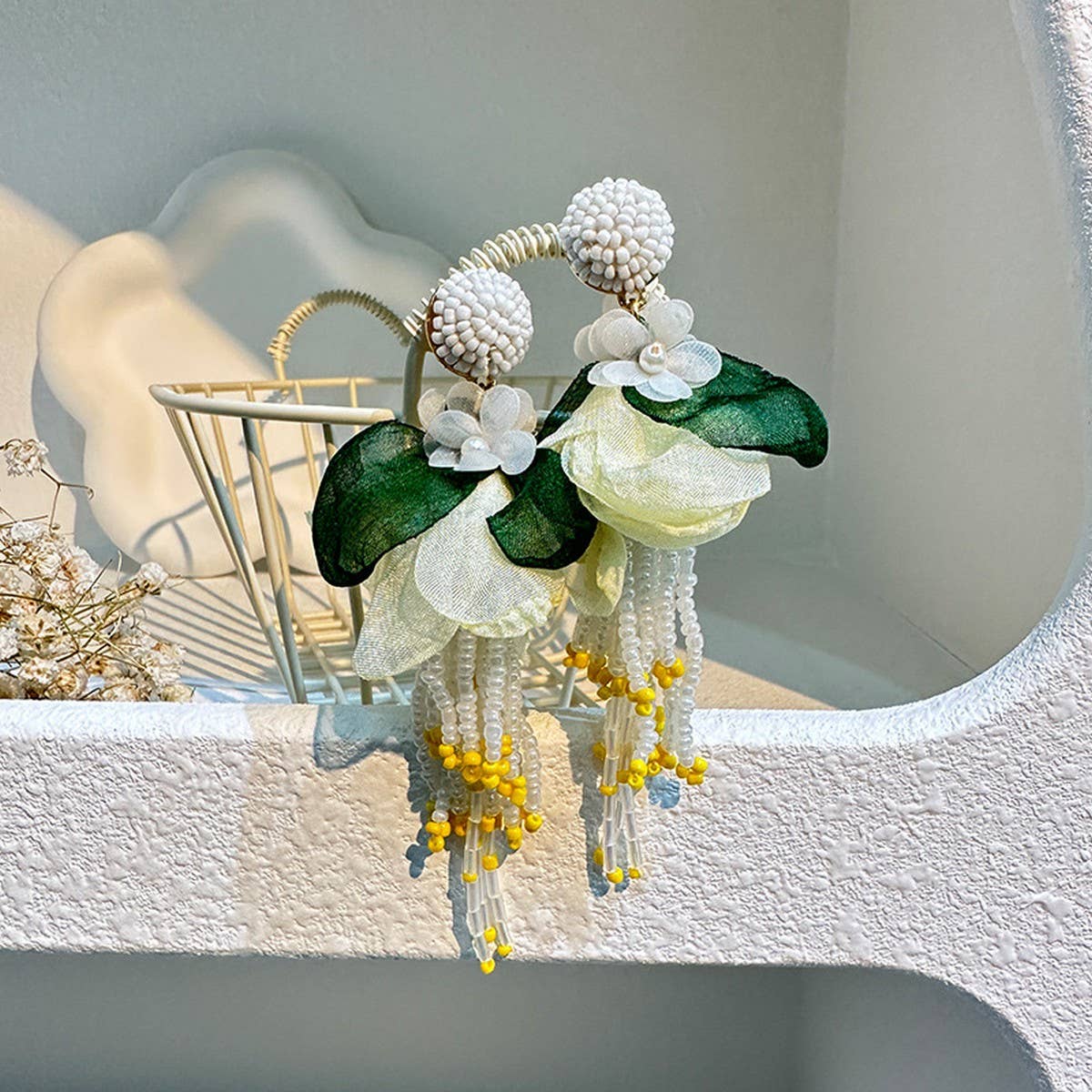 BOHO LONG TASSEL EARRINGS HANDMADE FABRIC FLOWERS_CWMM6165