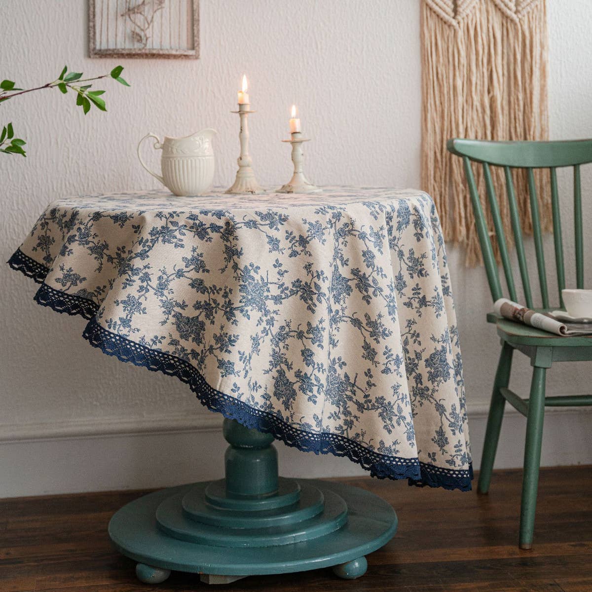 Vintage Blue Rose Print Tablecloth_Cwmm0958