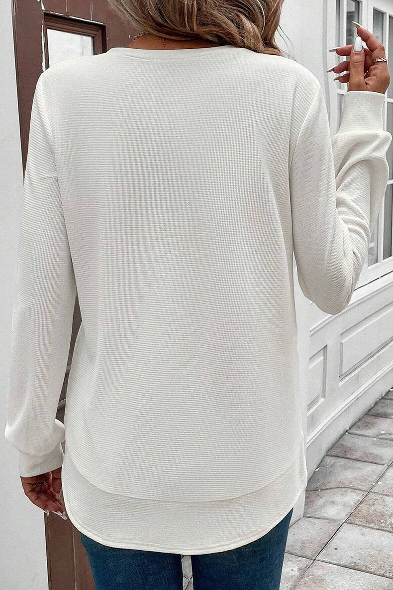 Waffle Solid Color Long-Sleeved Sweatshirt