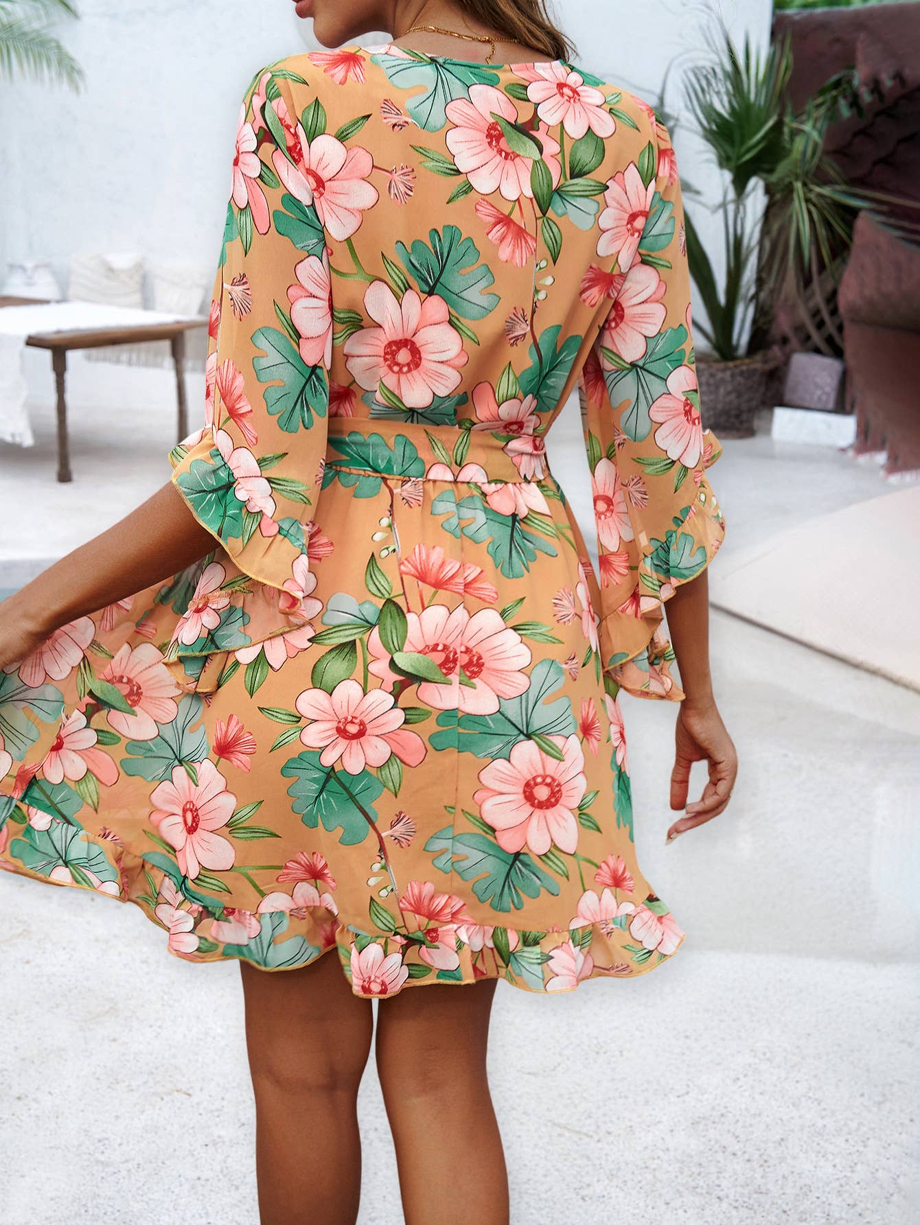 Vacation Floral Tie Waist Chiffon Short Dress