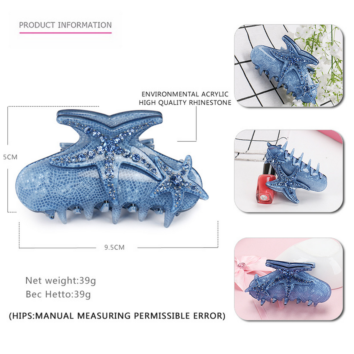 BLUE STARFISH HAIR CLAW CRYSTAL ACRYLIC SHARK CLIP_CWAHA4418 2