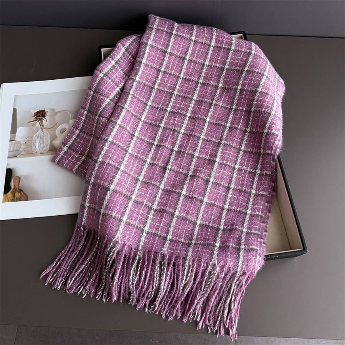 Vintage Plaid Winter Cashmere Feel Tassel Scarf_Cwasc03259