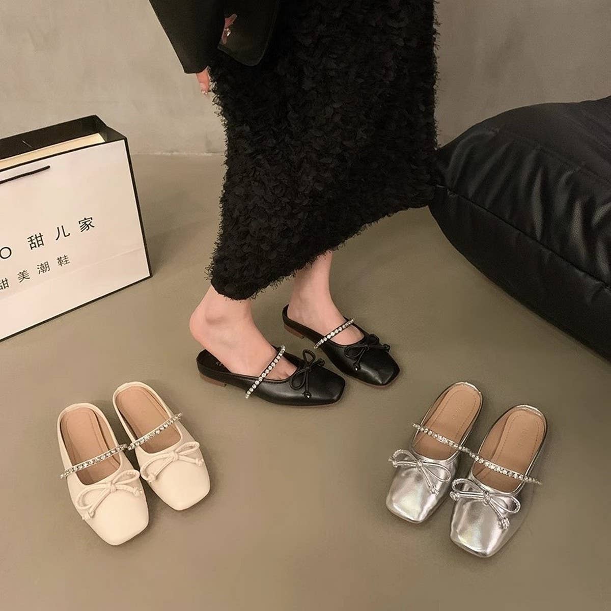 SILVER BOW MULES FOR WOMEN FLAT CLOSED TOE_CWSHF0078