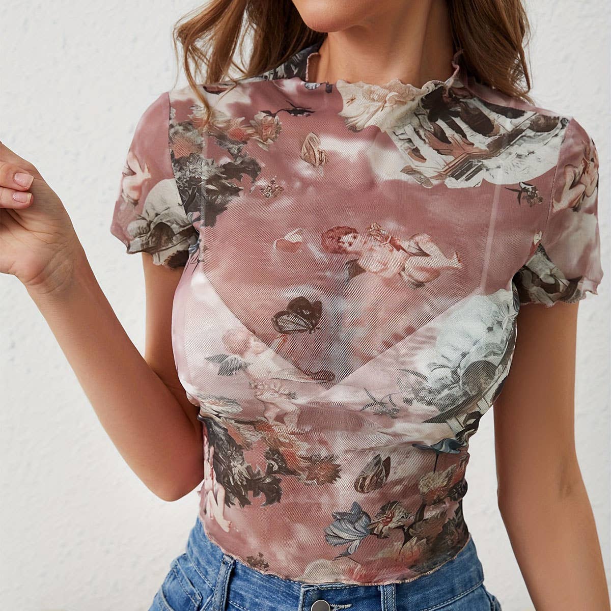 FLORAL PRINT MESH TOP WITH RUFFLE DETAILING_CWTBLS1510