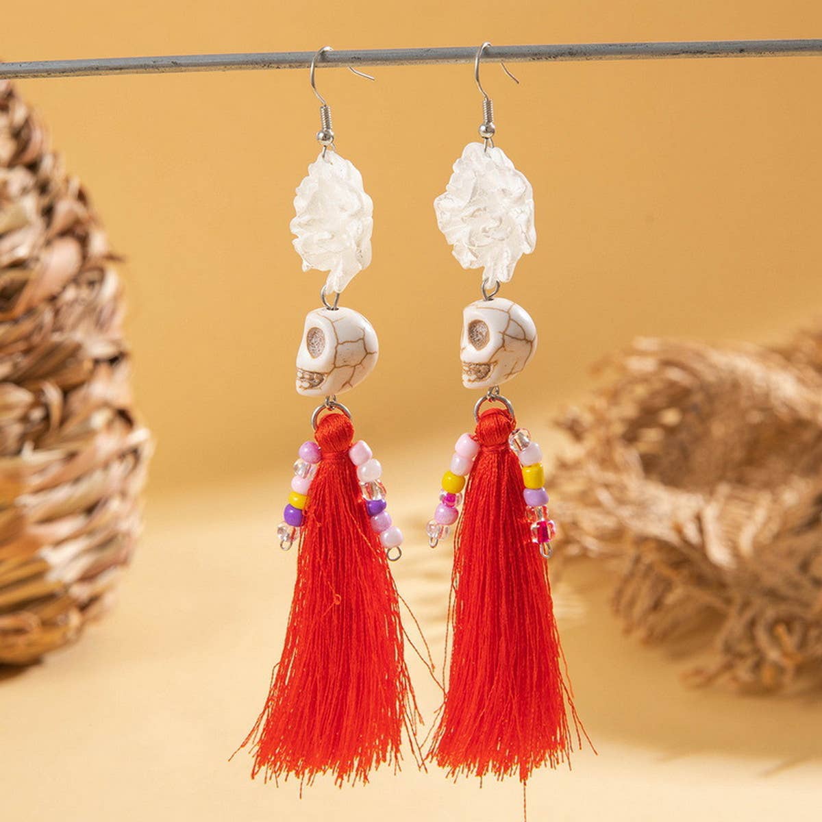 HALLOWEEN SKULL TASSEL RICE BEAD EARRINGS_CWAJE2411