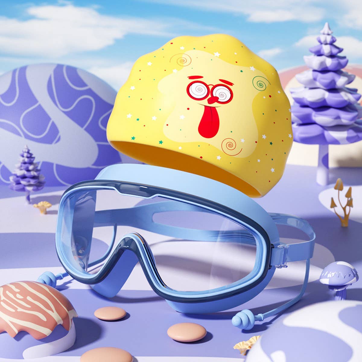 KIDS SWIM GOGGLES CAP SET HD LARGE FRAME_CWMM6645