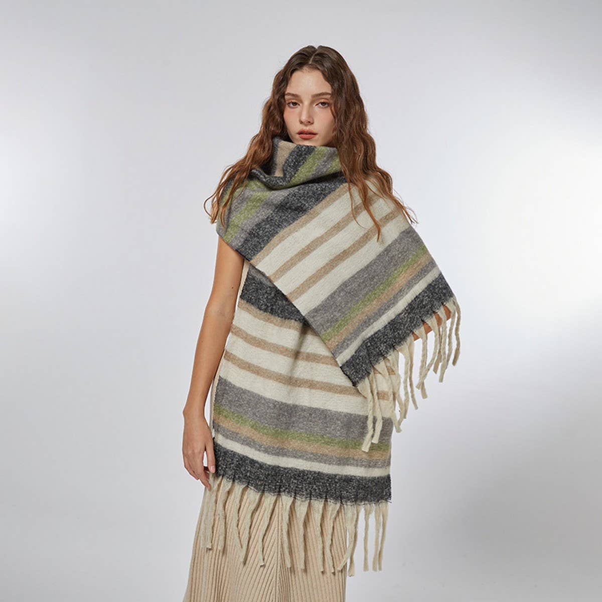 STRIPE SCARF COZY FAUX CASHMERE WINTER WRAP_CWASC2359
