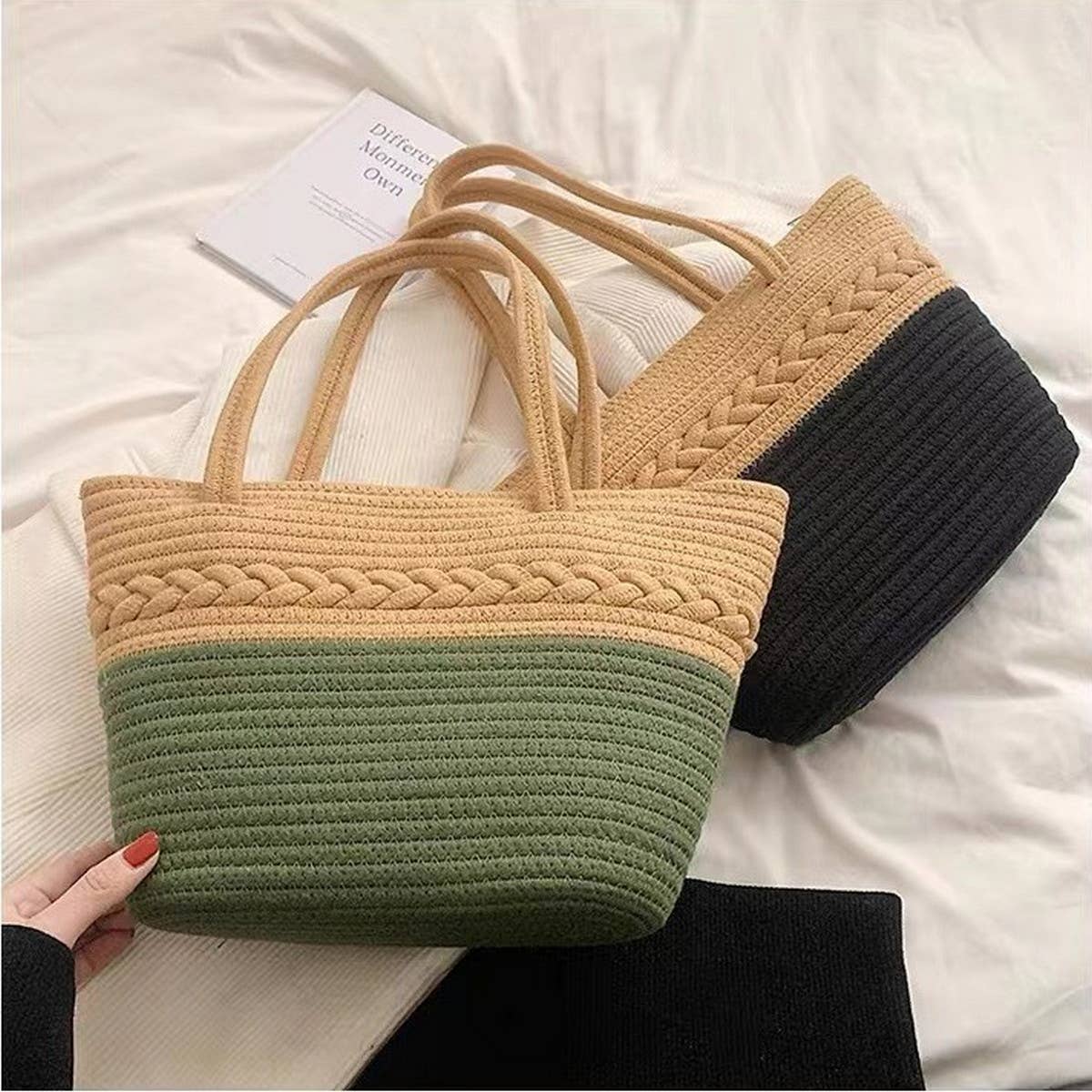 NEW COLOR BLOCK SINGLE SHOULDER STRAW BAG_CWAB1880