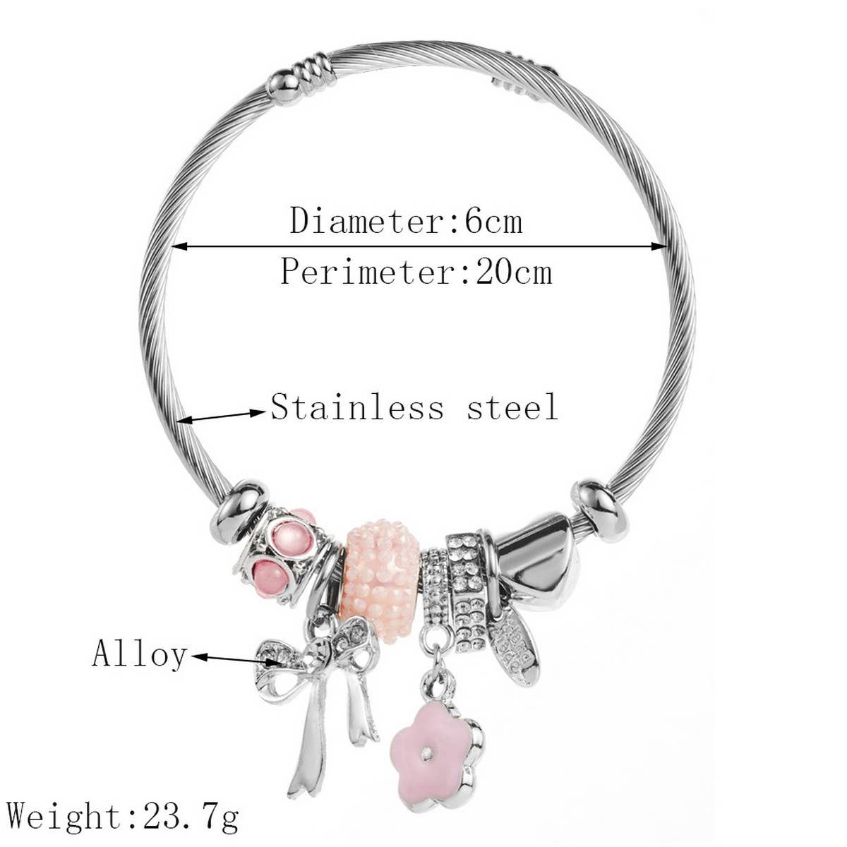 SILVER STEEL BRACELET WITH BOW FLOWER CHARMS_CWMM8613