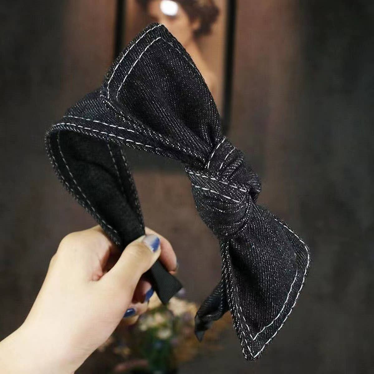 Women Denim Wide-Brimmed Bow Headband_Cwaha1693