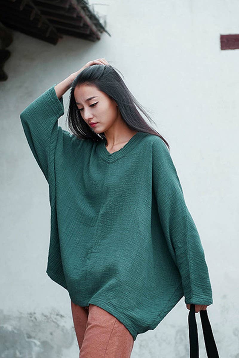 Cwtbll2463_Cotton And Linen Pullover V-Neck Bat T-Shirt