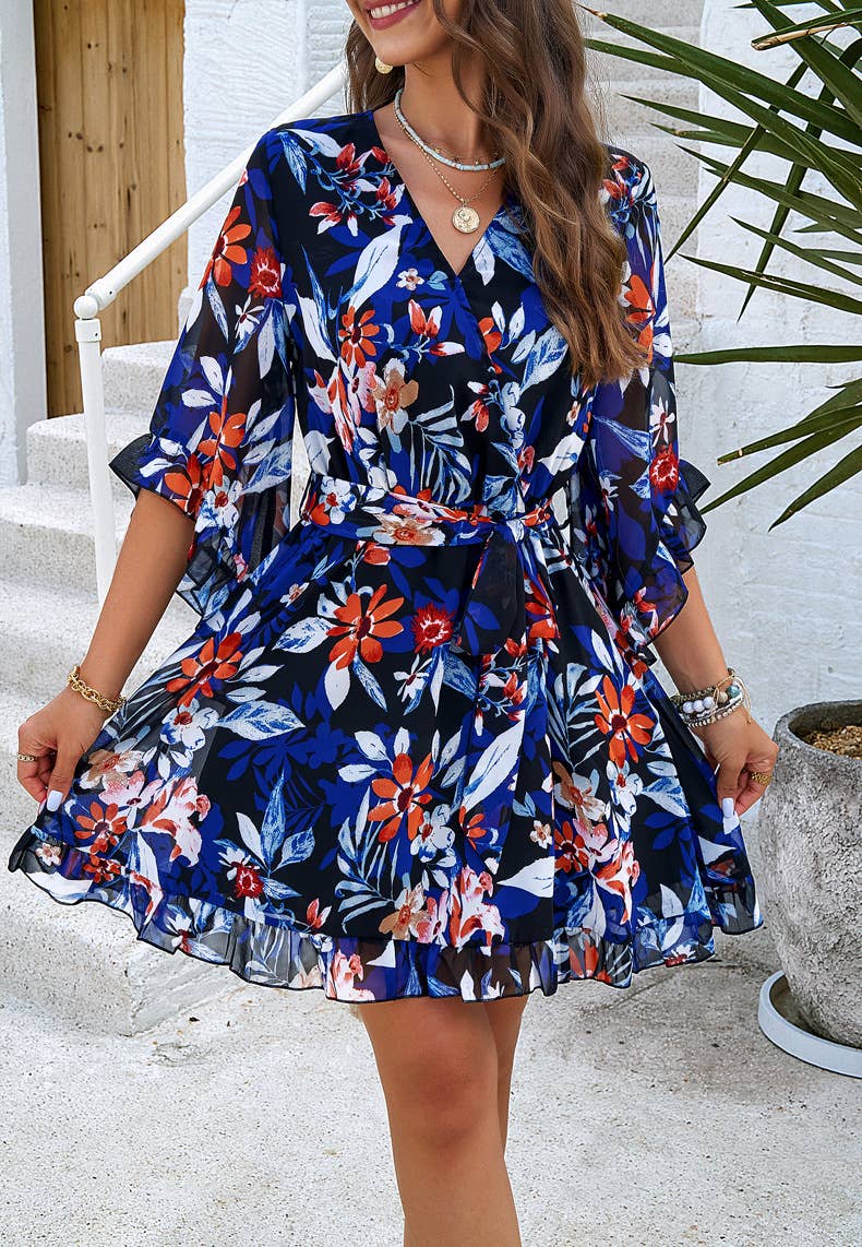 Vacation Floral Tie Waist Chiffon Short Dress
