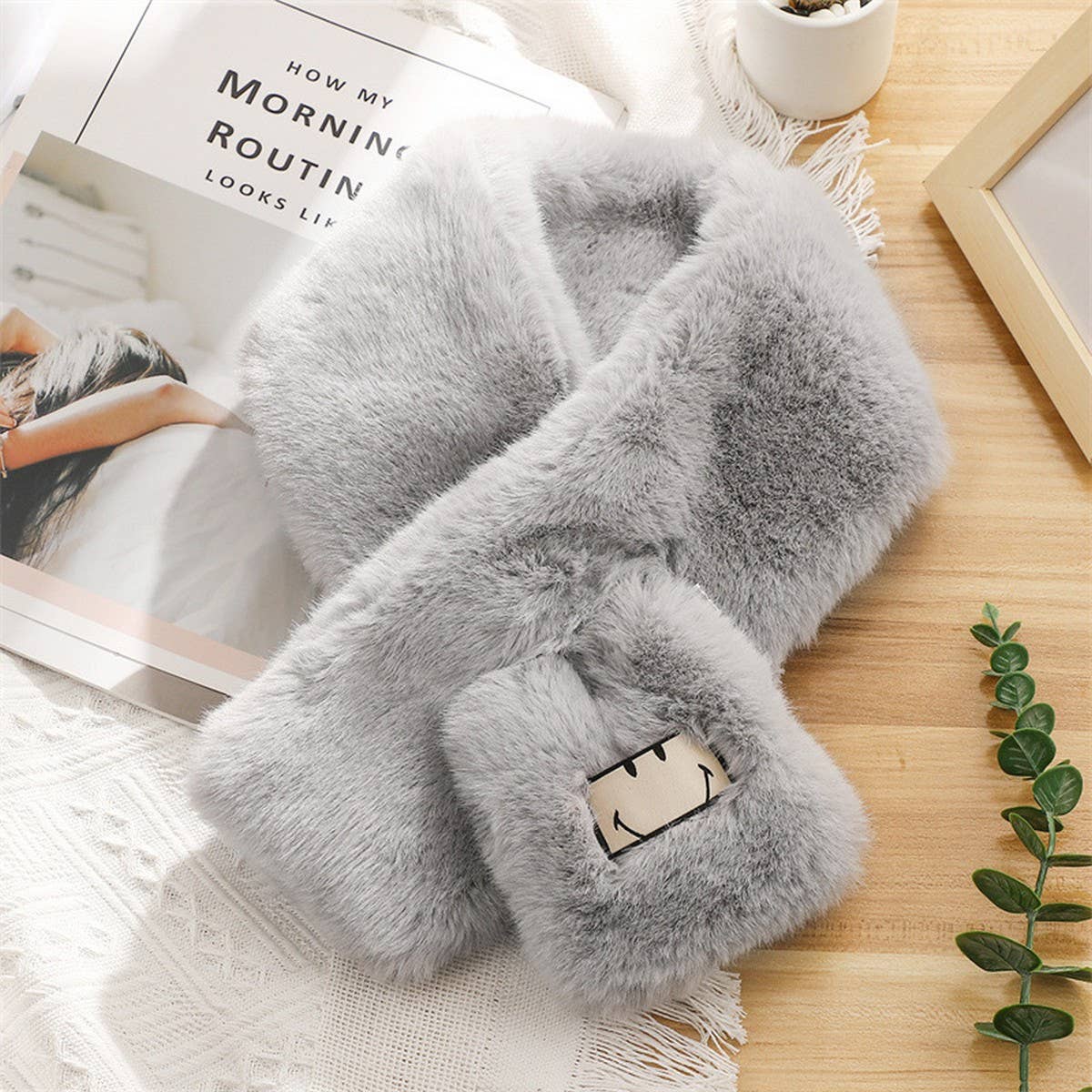 SMILEY FAUX RABBIT FUR SCARF COZY WINTER WRAP_CWASC1250
