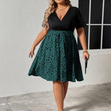 PLUS SIZE V NECK TIE WAIST RUCHED PATCHWORK DRESS_CWDMD5978