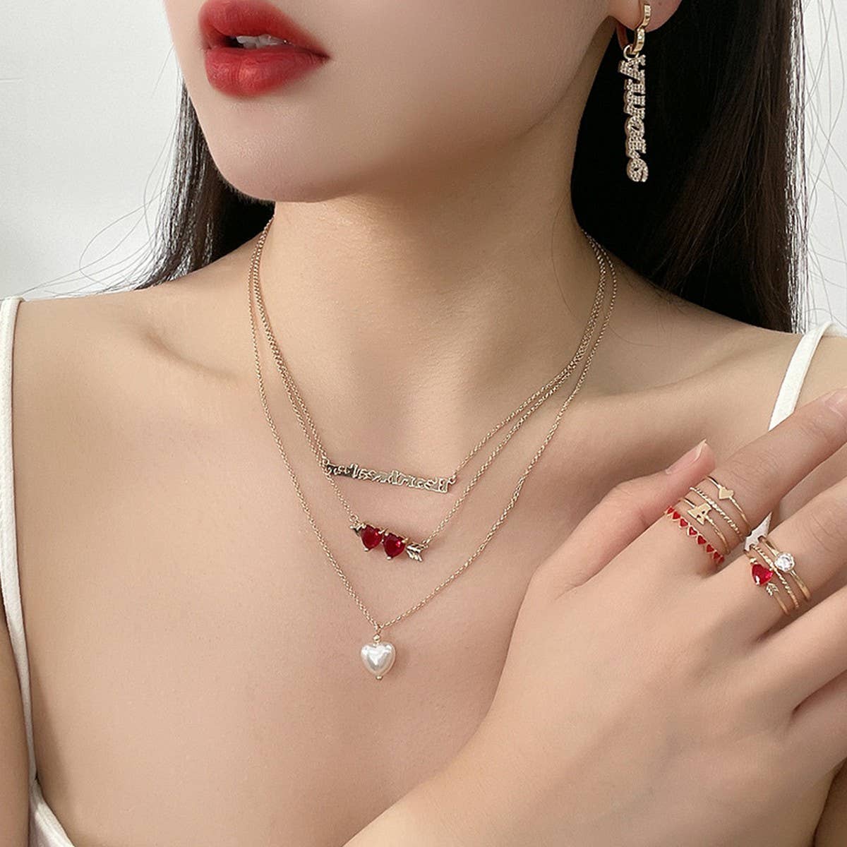 HEART SHAPED ZIRCONIUM INLAID MULTI ROW NECKLACE_CWAJE2927