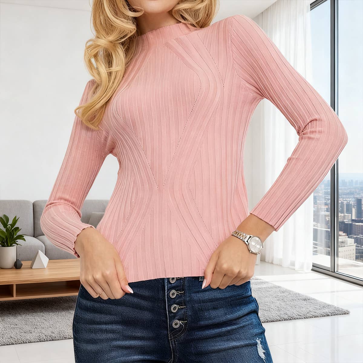 Wide-Striped Solid-Color Long-Sleeved Top
