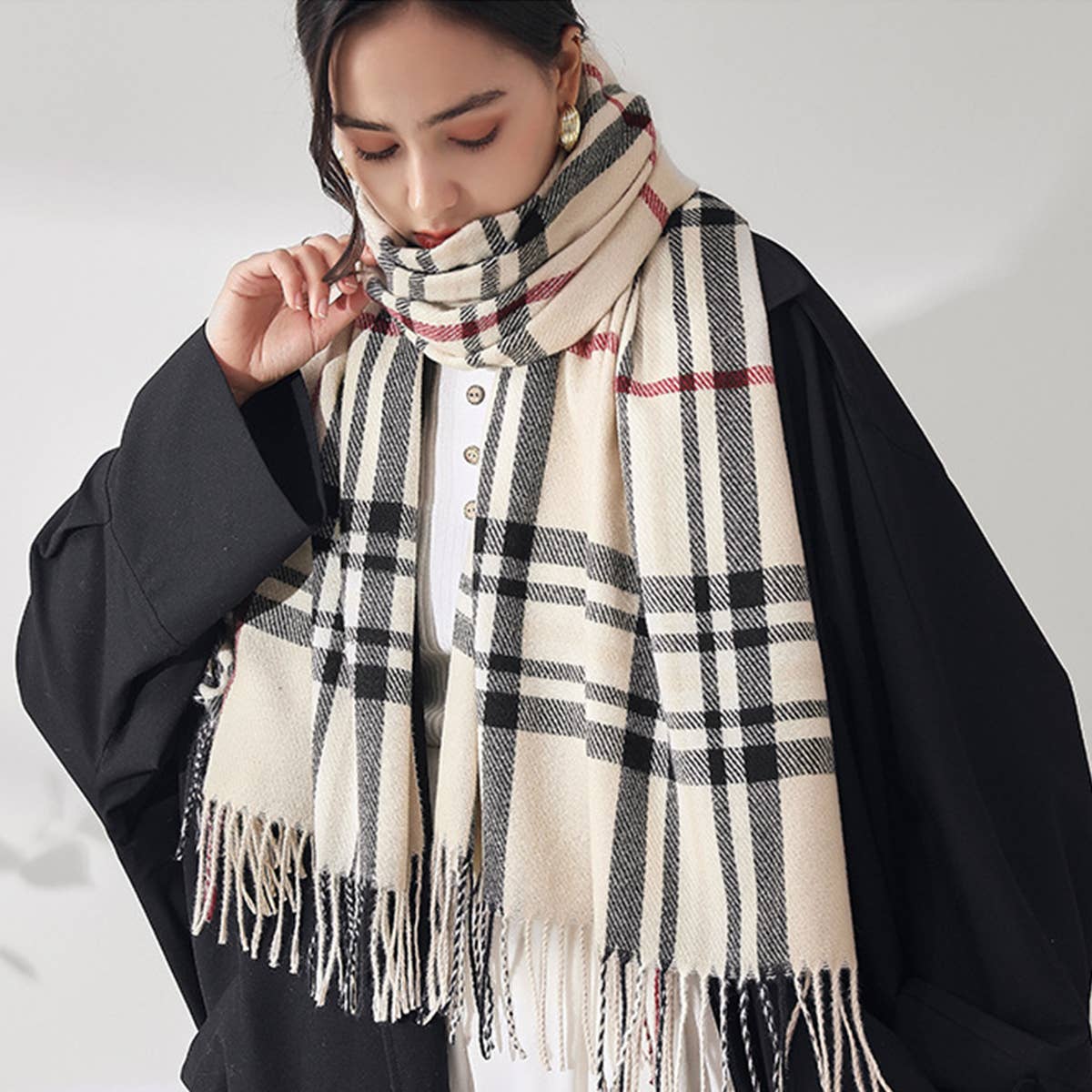 PLAID FAUX CASHMERE SCARF SWEET MID LENGTH WRAP_CWASC0190