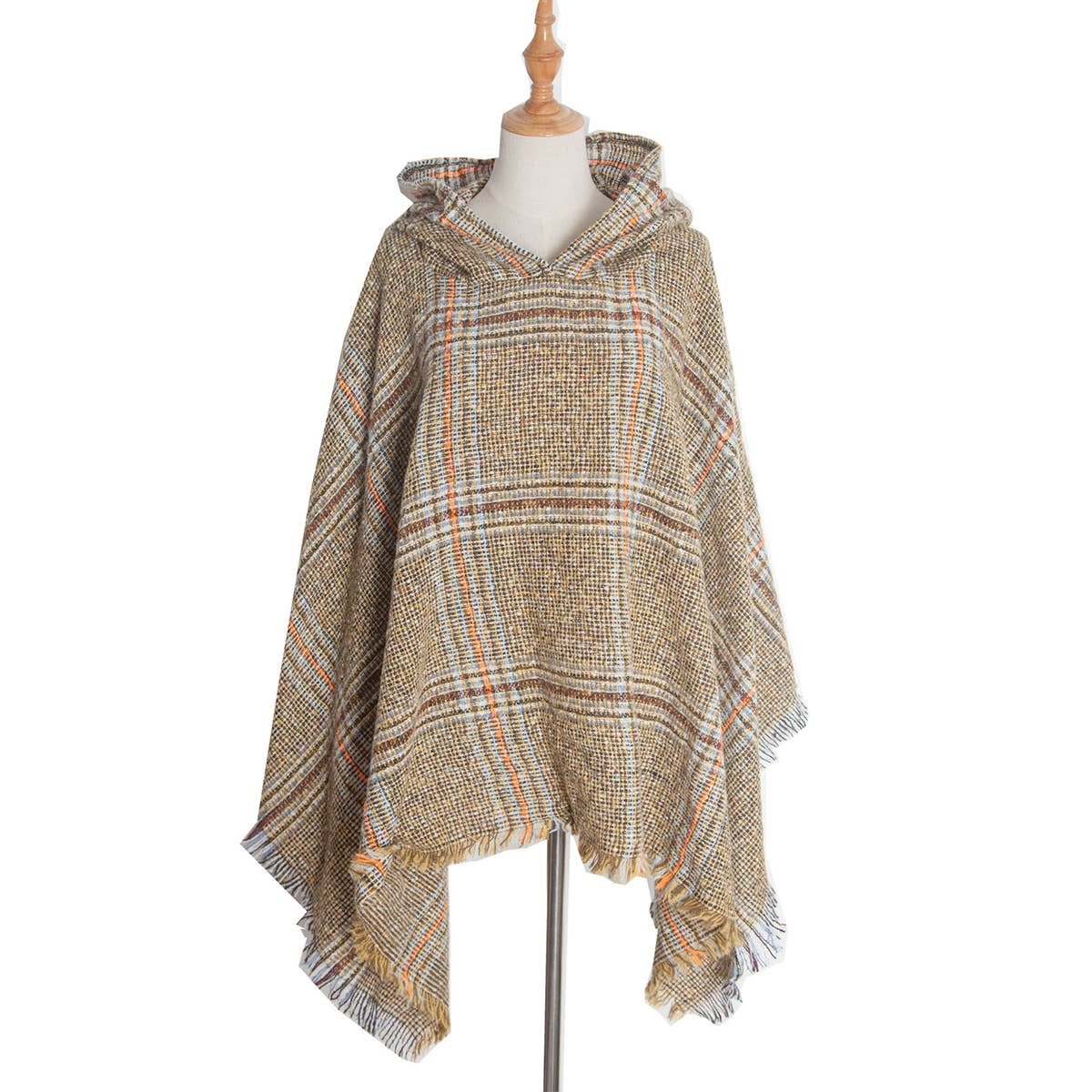 CIRCLE YARN FUR LARGE PLAID HOODED CAPE SHAWL_CWASC1211