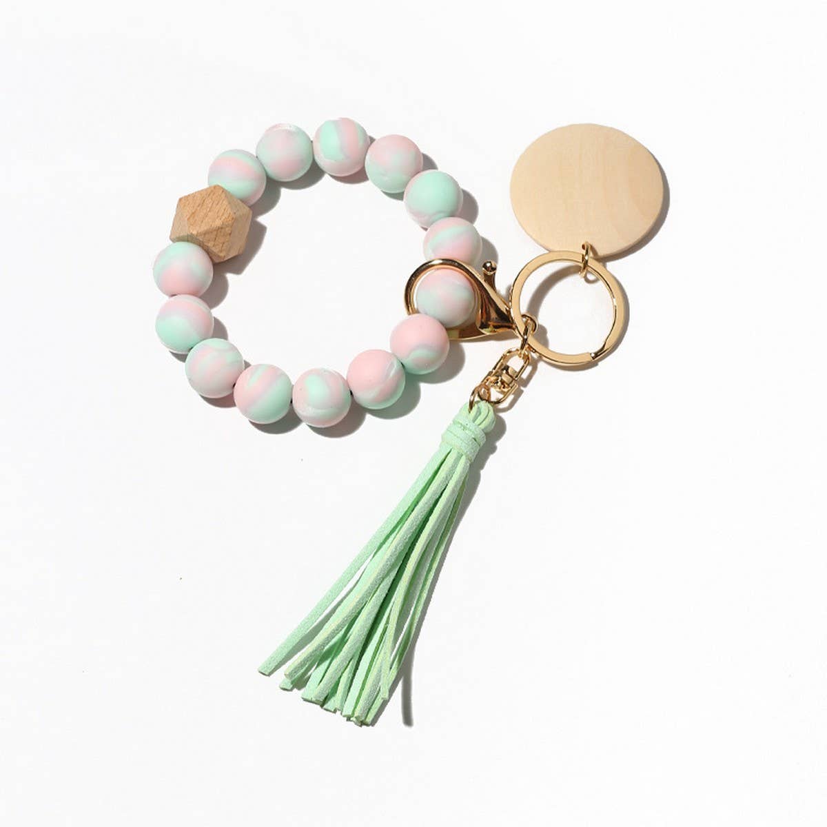 SILICONE BEAD BRACELET KEYCHAIN WITH BEECH WOOD_CWMM6873