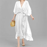 Solid Color Lace-Up Deep V-Neck Batsleeve Dress