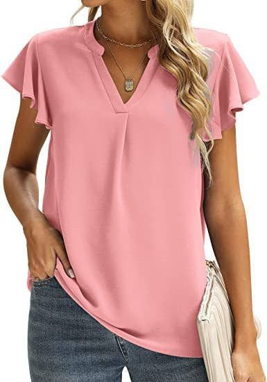 V-Neck Fly Sleeve Short Sleeve Solid Color Top