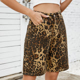 Washed Vintage Leopard Print Skinny Denim Shorts