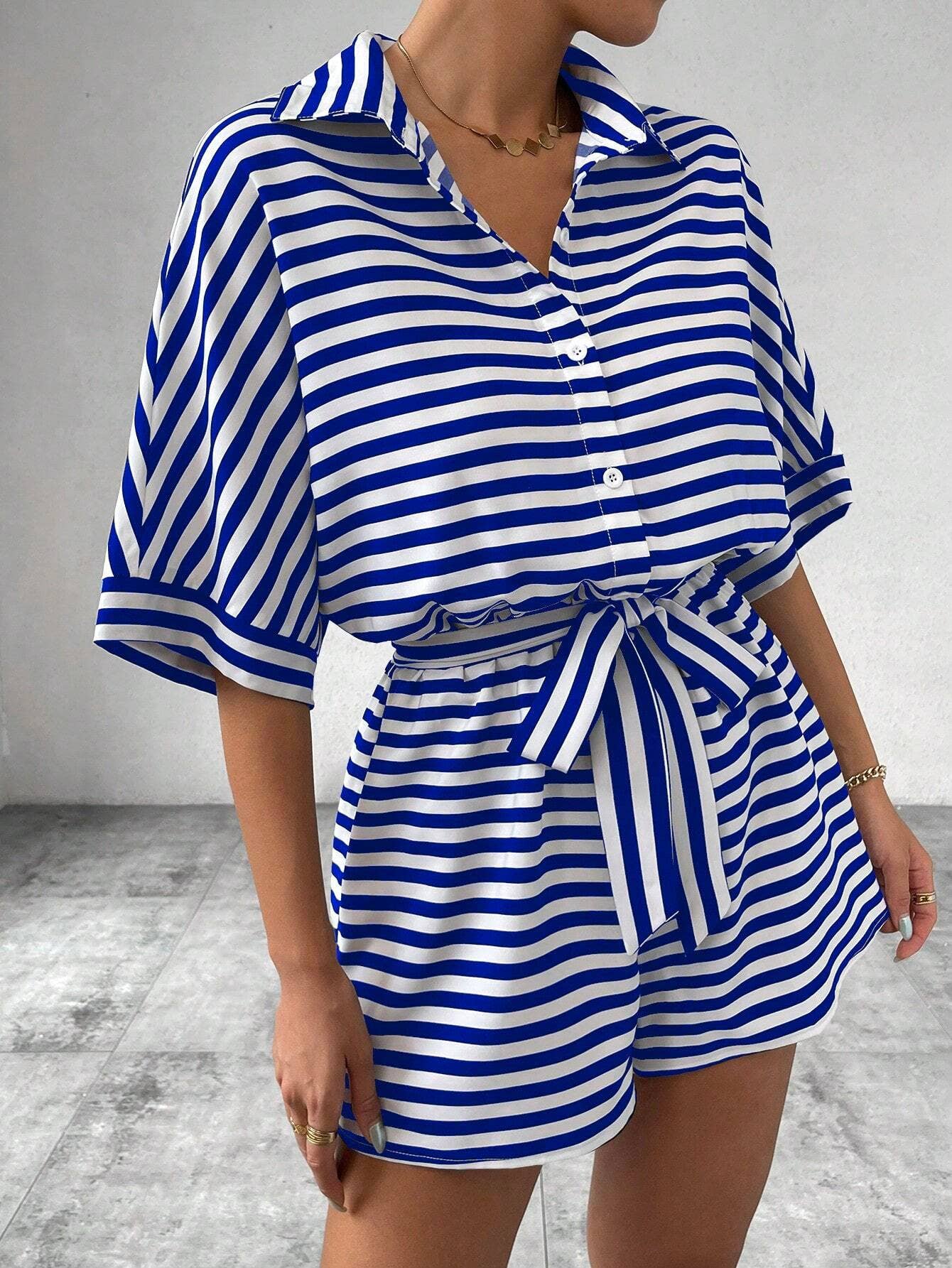 Womens Striped Buttoned Cardigan Romper