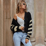 V-Neck Color Matching Knit Striped Cardigan