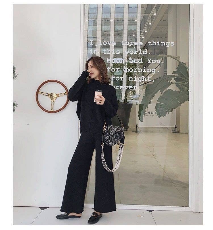 Sweater With Slit And Wide Leg Pants Knit Suit