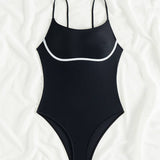 Womens Solid Color Splicing One-Piece Swimsuit
