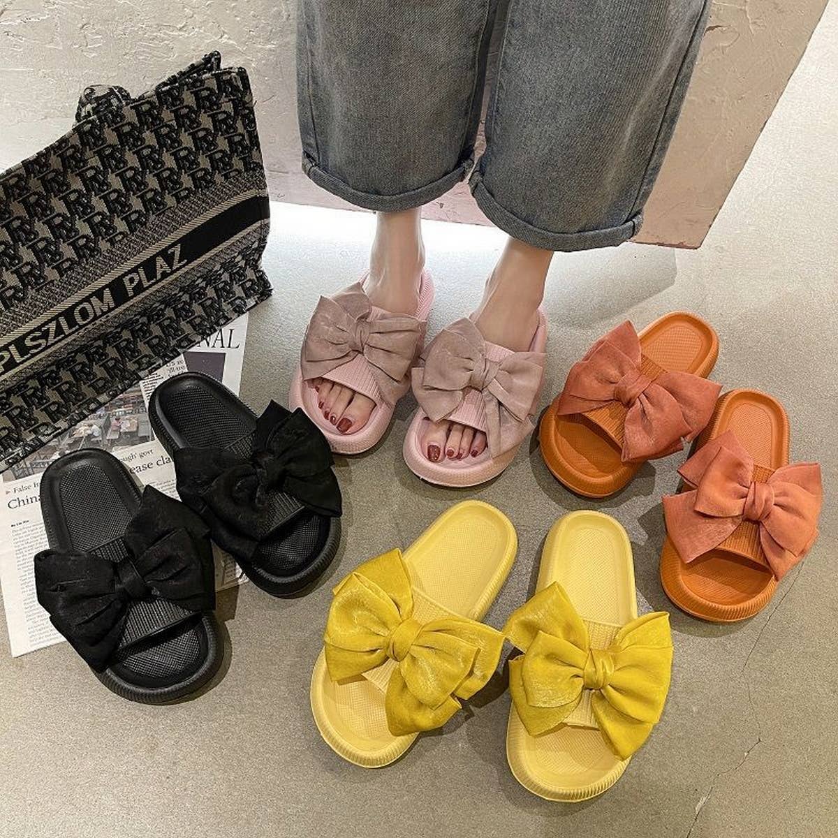 Women Fashion Thick-Soled Bow Slippers