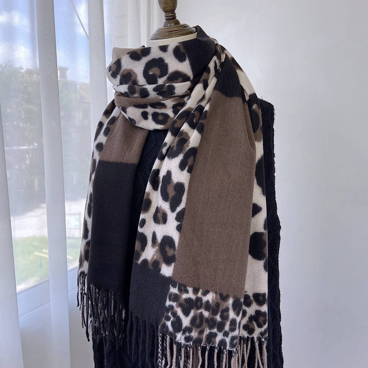 LEOPARD COLORBLOCK SCARF WARM TASSEL WINTER WRAP_CWASC1458